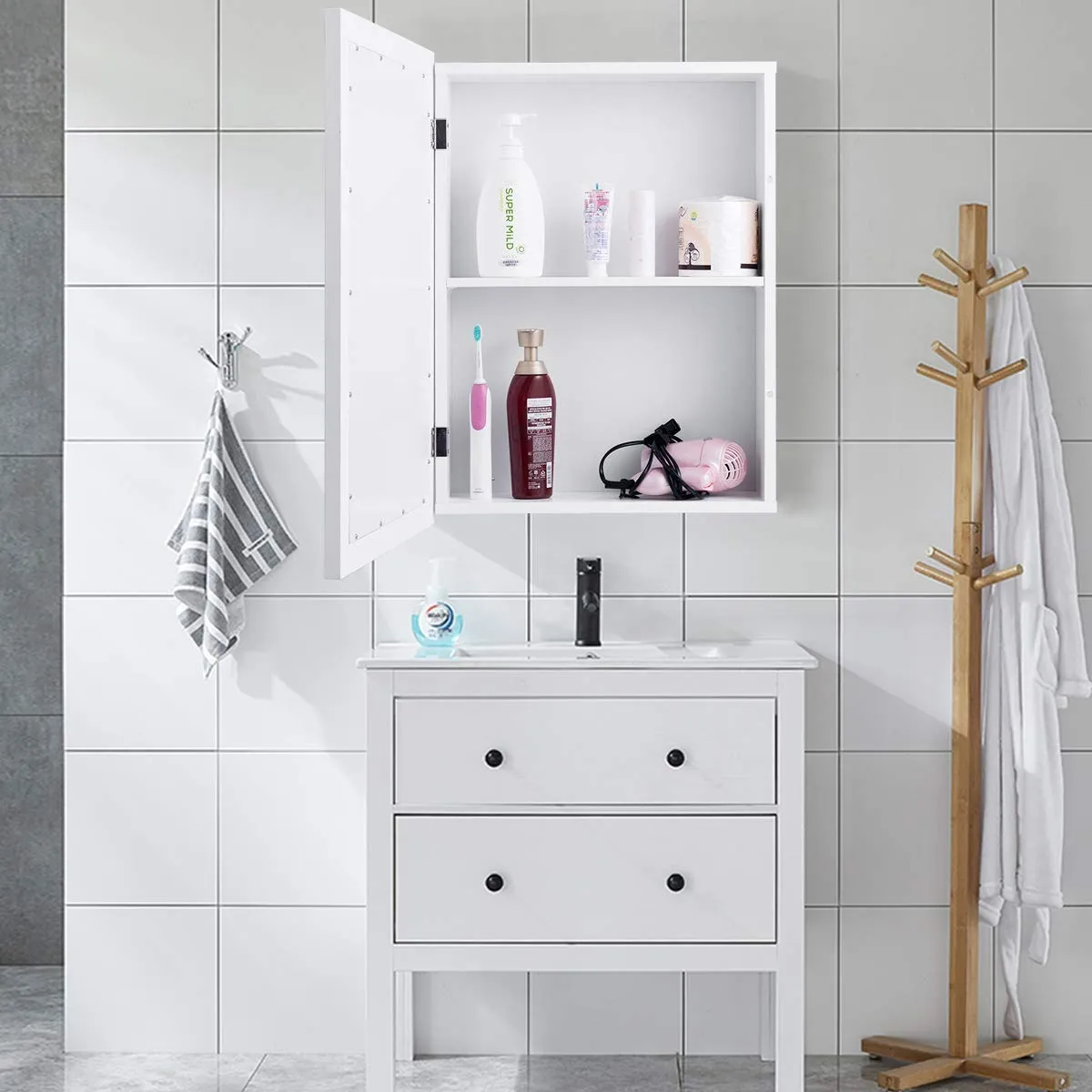 Mirrored Bathroom Cabinet, Wall Mount Storage Organizer, Medicine Cabinet with Single Doors