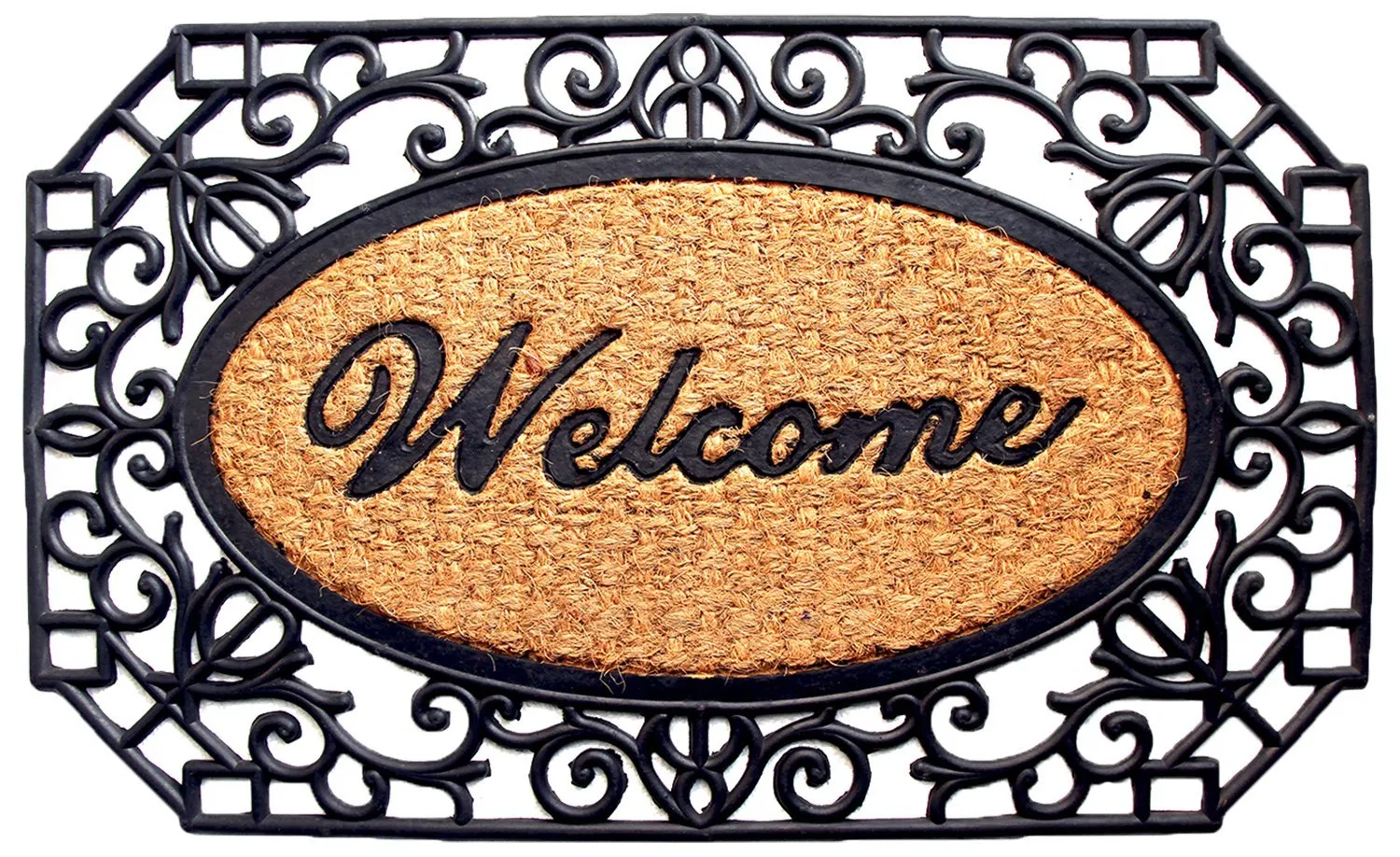 OnlyMat Elegant Oval Shaped "Welcome" Printed Natural Coir Mat With Large Black Moulded Rubber Border