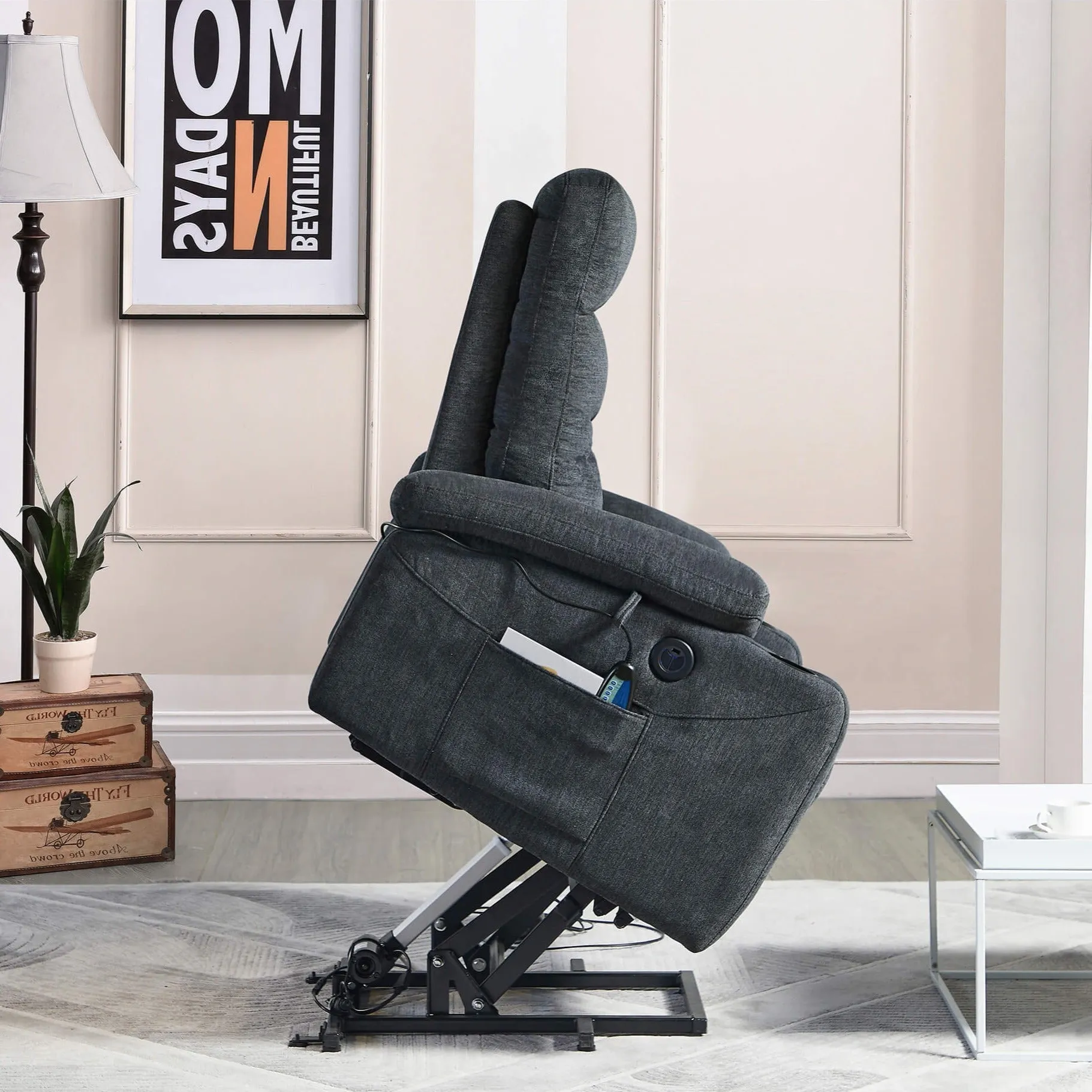 Power Lift Recliner Chair with Massage and Heat for Elderly Electric Recliner Lift Chair with 2 Side Pockets, Cup Holders, USB Port for Living Room, Dark Gray