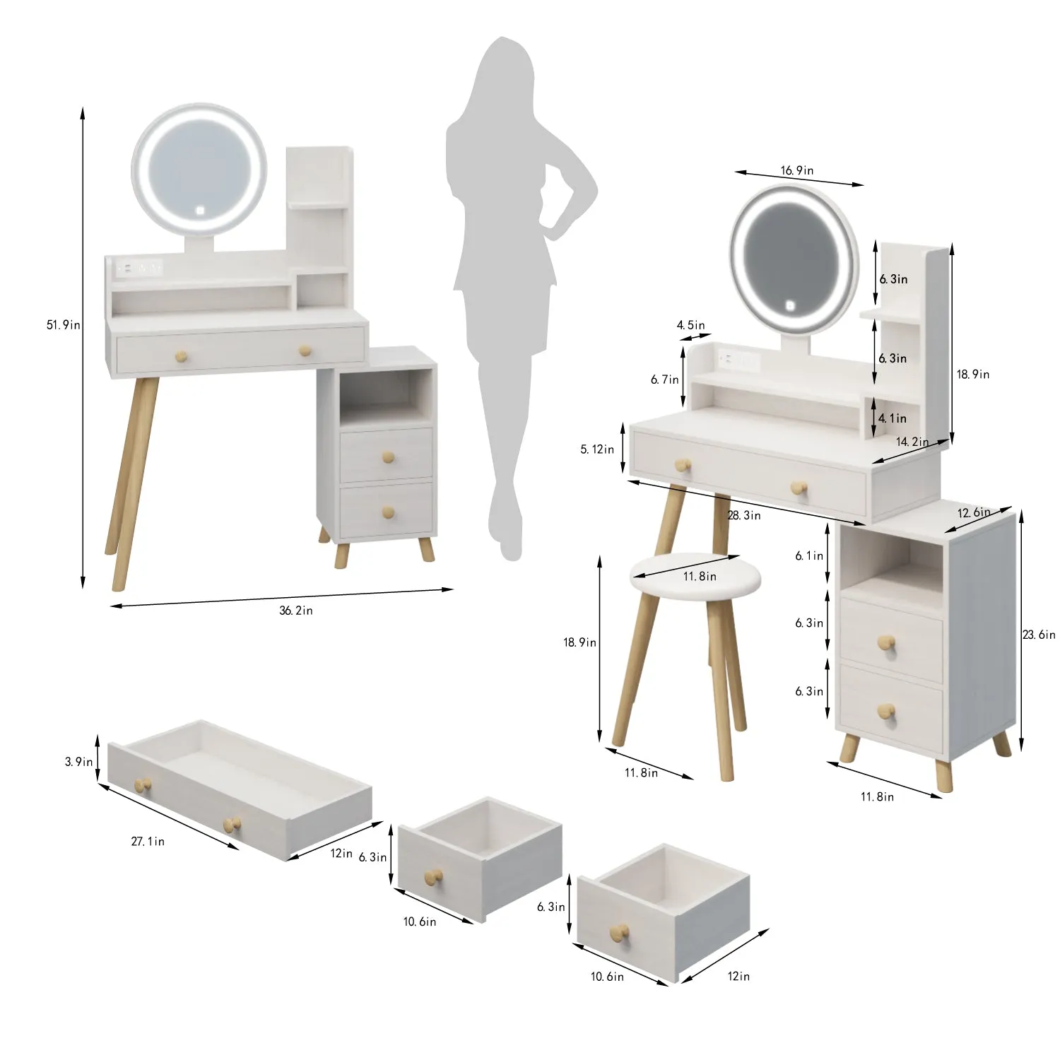 Round Makeup Vanity Desk Set