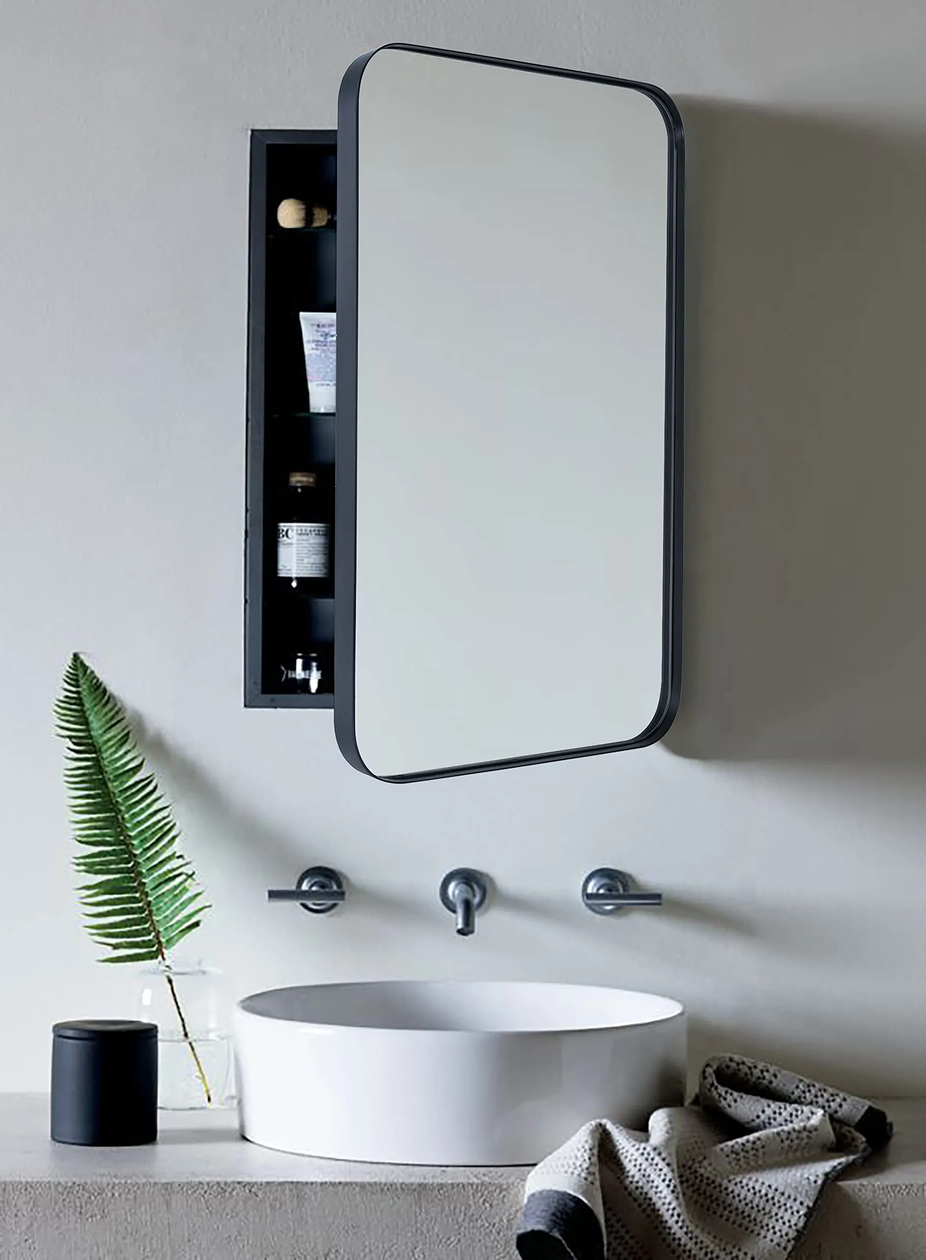 Rounded Rectangular Stainless Steel Recessed Framed Medicine Cabinet with Mirror