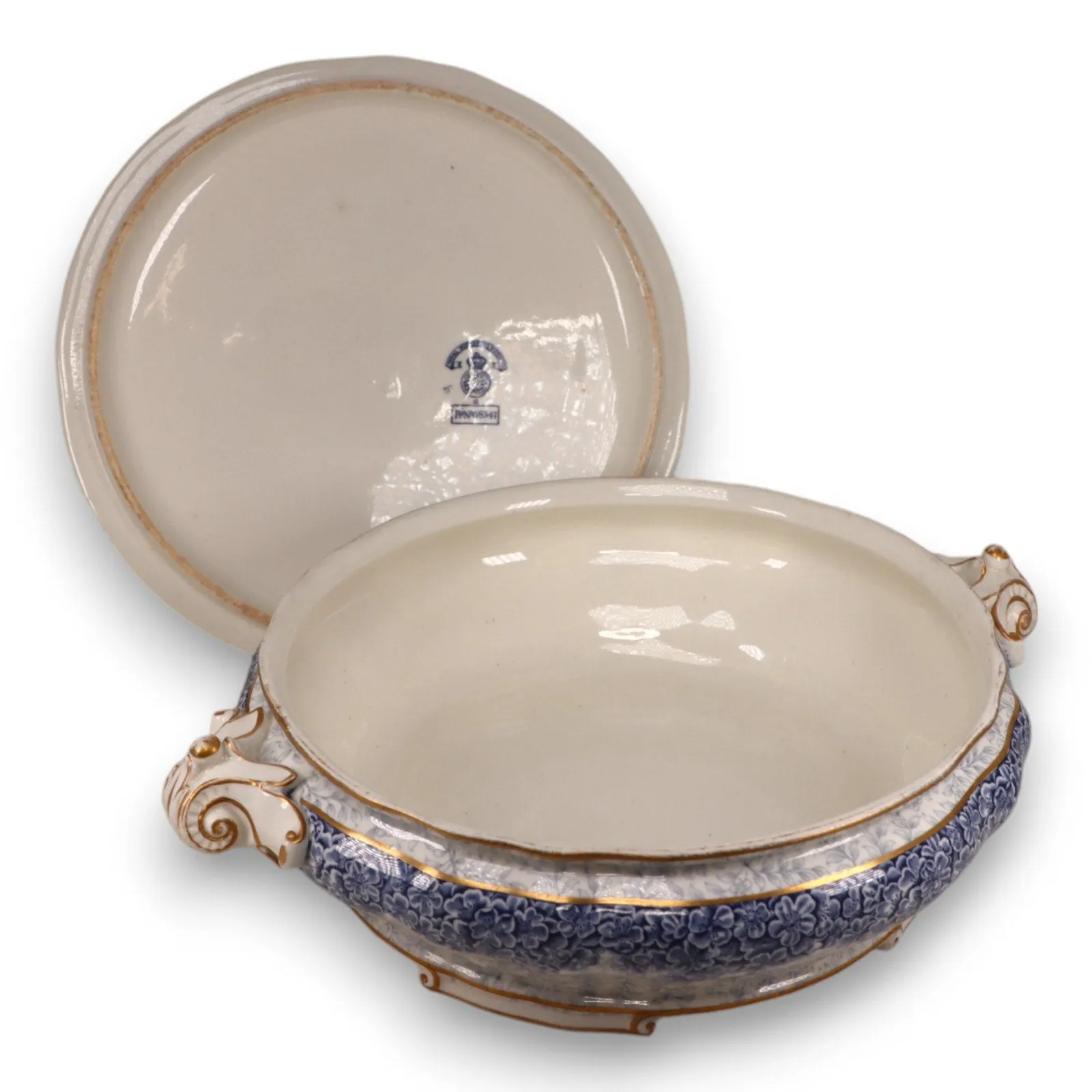 Royal Worcester W2297 68547 9" Round Covered Serving Dish Blue Floral Gold  1890