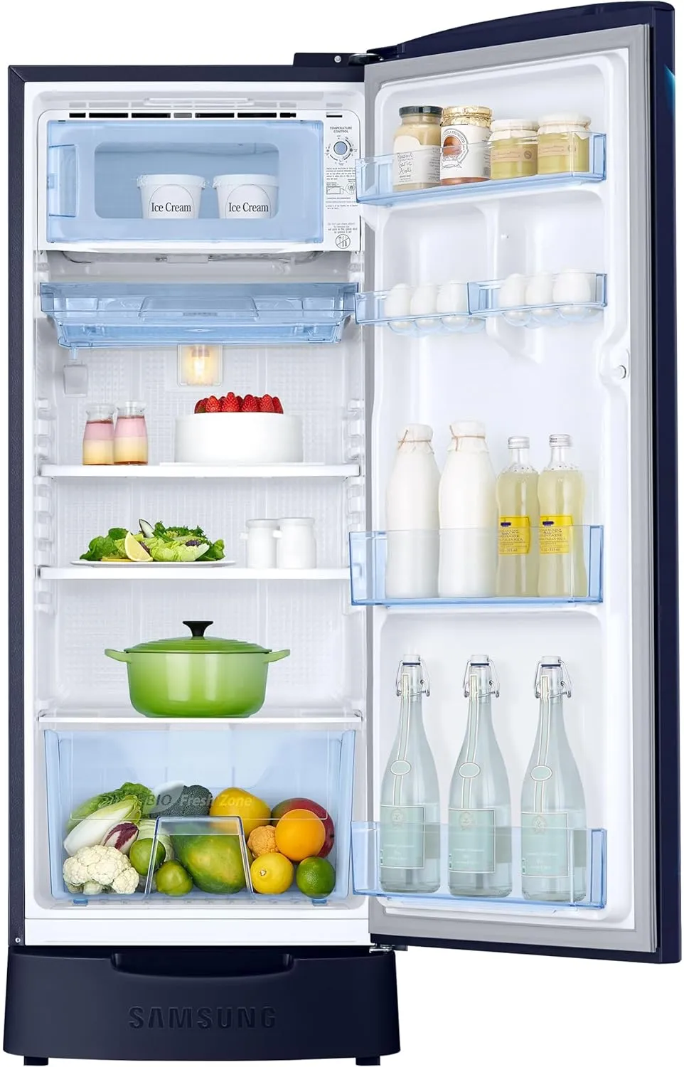 Samsung 183 L, 3 Star, Digital Inverter, Direct-Cool Single Door Refrigerator (RR20D1823UZ/HL, Midnight Blossom Blue, Base Stand Drawer)