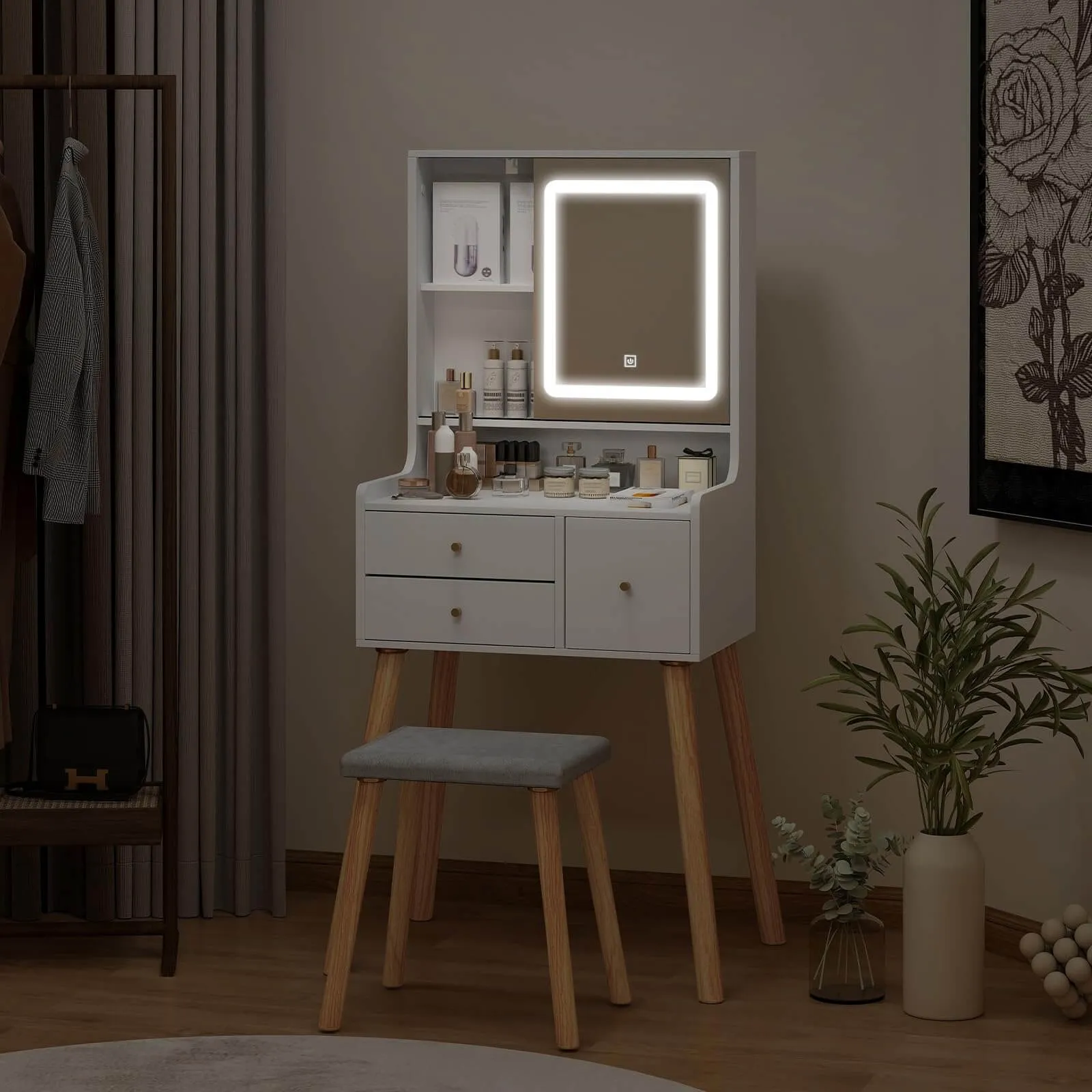 Small Makeup Vanity Set with Square Mirror and Shelf IF086