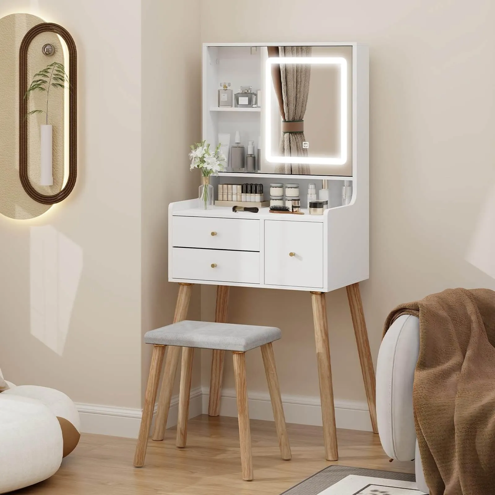 Small Makeup Vanity Set with Square Mirror and Shelf IF086