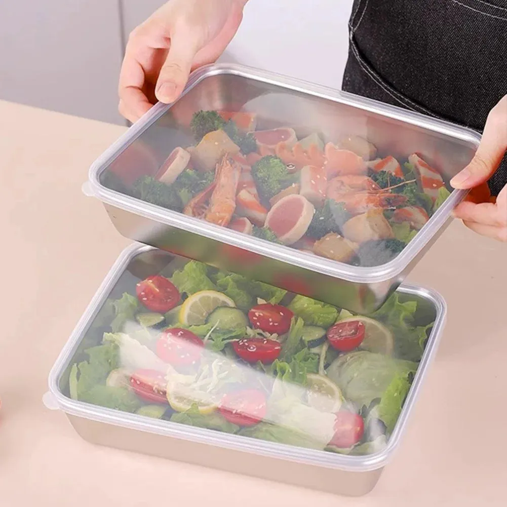 Stainless Steel Rectangle Plate With Lid Heat Resistance Food Preservation Box