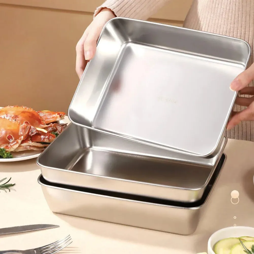 Stainless Steel Rectangle Plate With Lid Heat Resistance Food Preservation Box