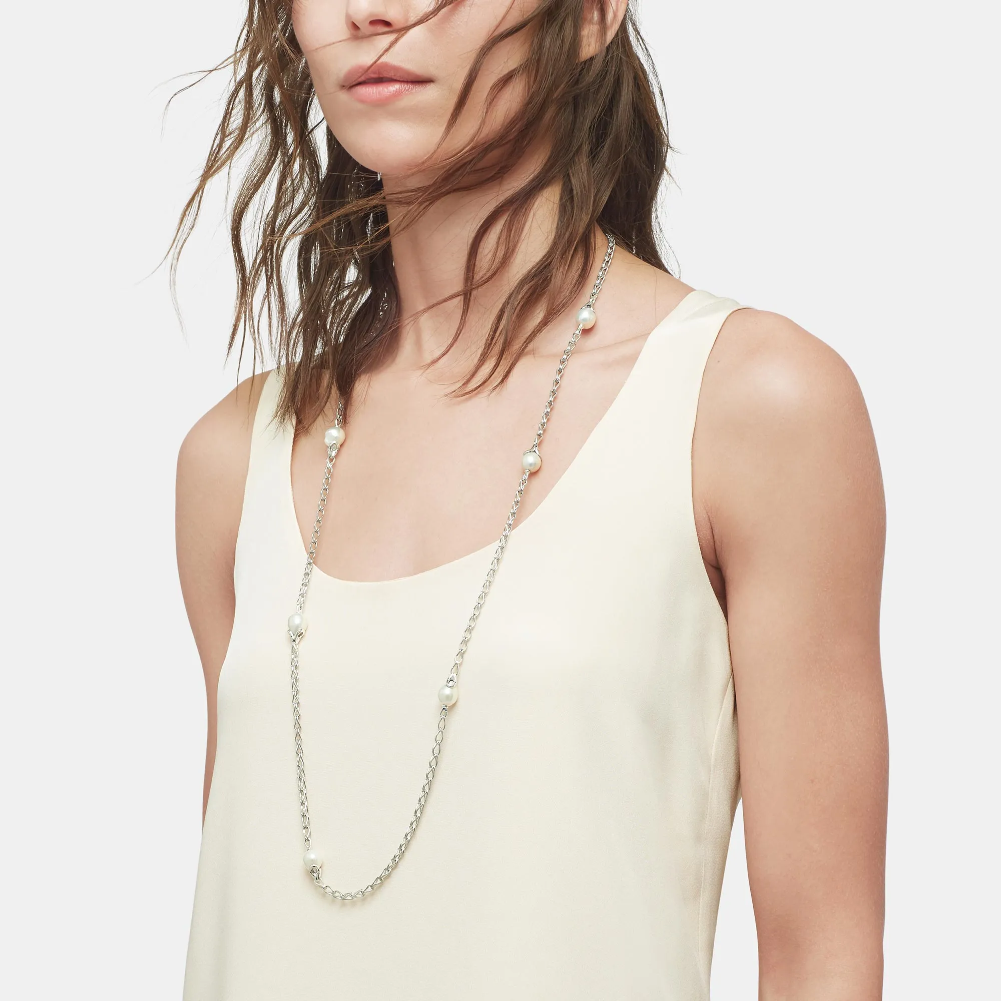 Station Necklace with White Fresh Water Pearl