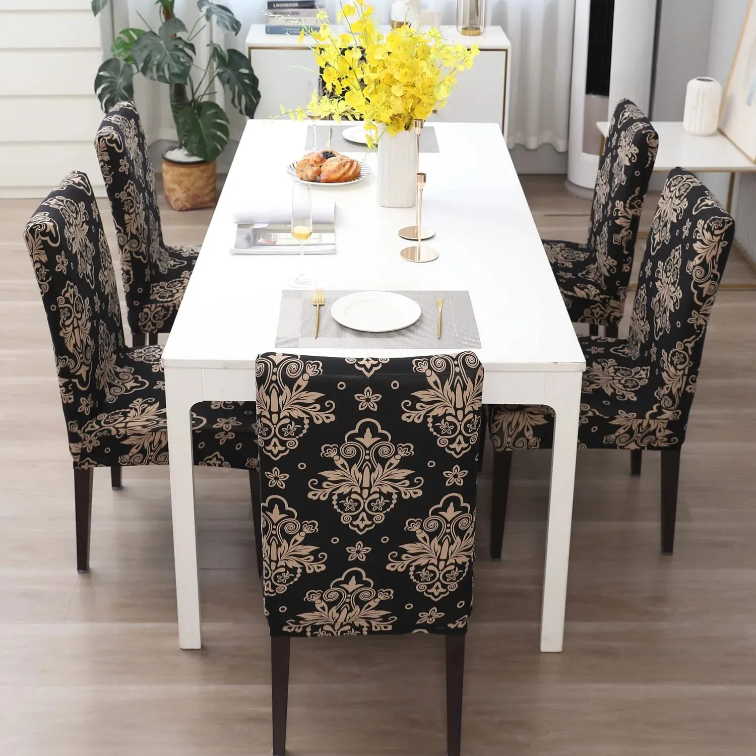 Stretchable Chair Covers, Black Brocade