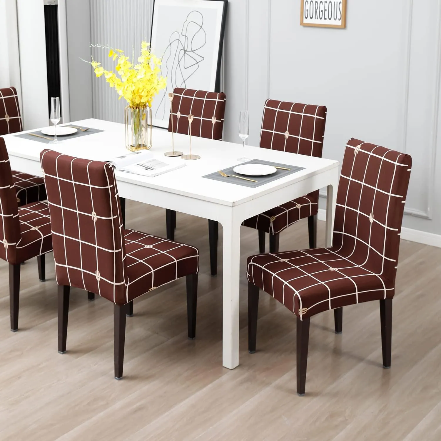 Stretchable Chair Covers, Check Brown