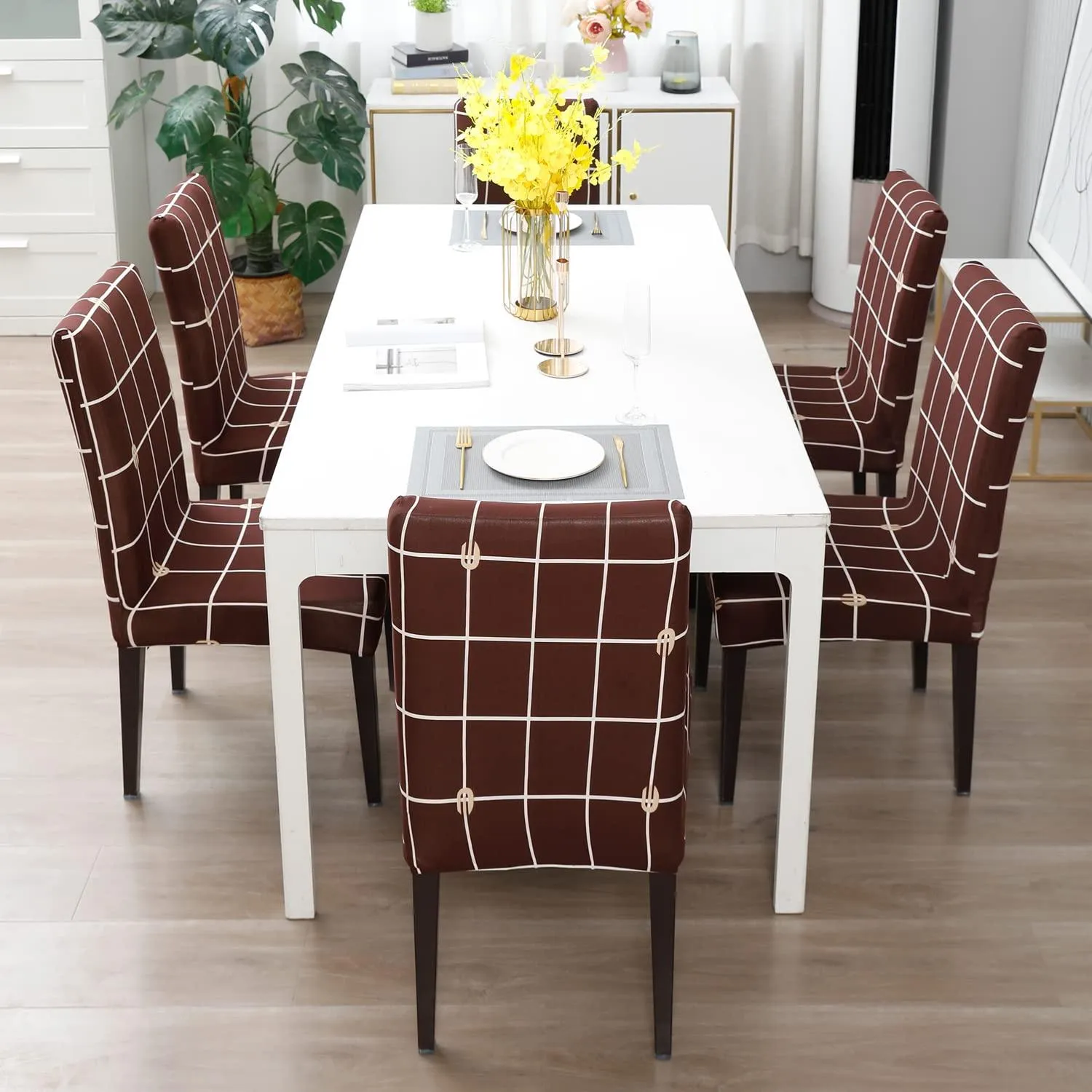 Stretchable Chair Covers, Check Brown