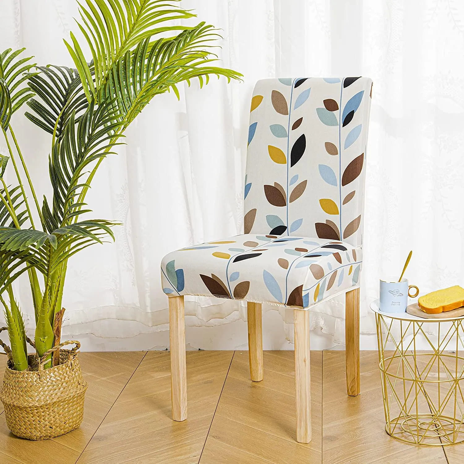Stretchable Chair Covers, White Leaf