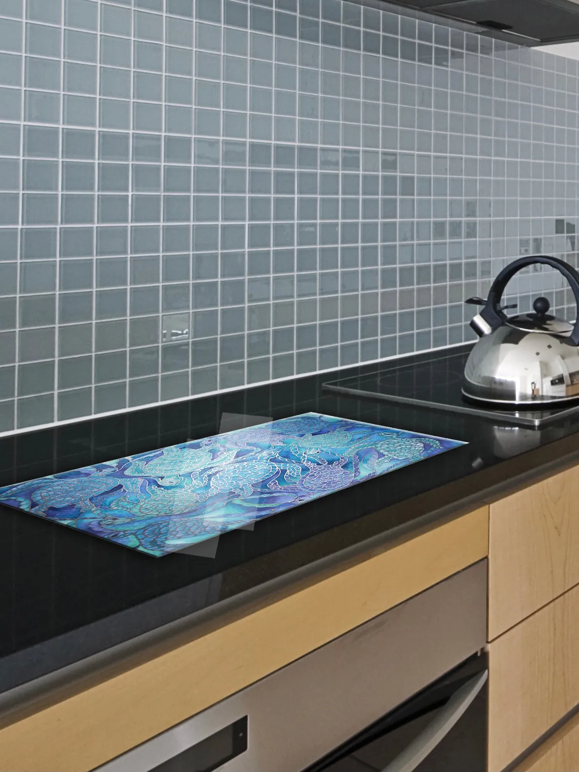 Stunning Extra Large Blue Turtles Glass Counter Saver - Ultramarine Aqua Worktop Protector