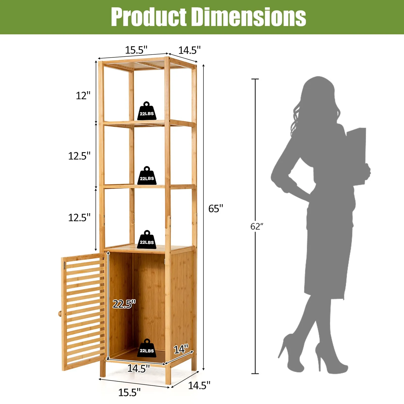 Tangkula Bathroom Cabinet, 65 Inch Tall Slim Bathroom Storage Cabinet with Shutter Door and 3 Open Shelves