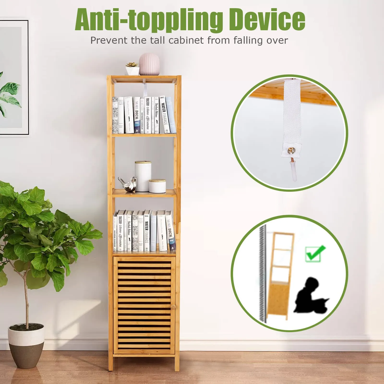 Tangkula Bathroom Cabinet, 65 Inch Tall Slim Bathroom Storage Cabinet with Shutter Door and 3 Open Shelves