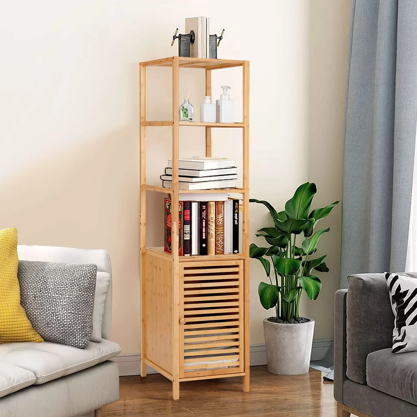 Tangkula Bathroom Cabinet, 65 Inch Tall Slim Bathroom Storage Cabinet with Shutter Door and 3 Open Shelves