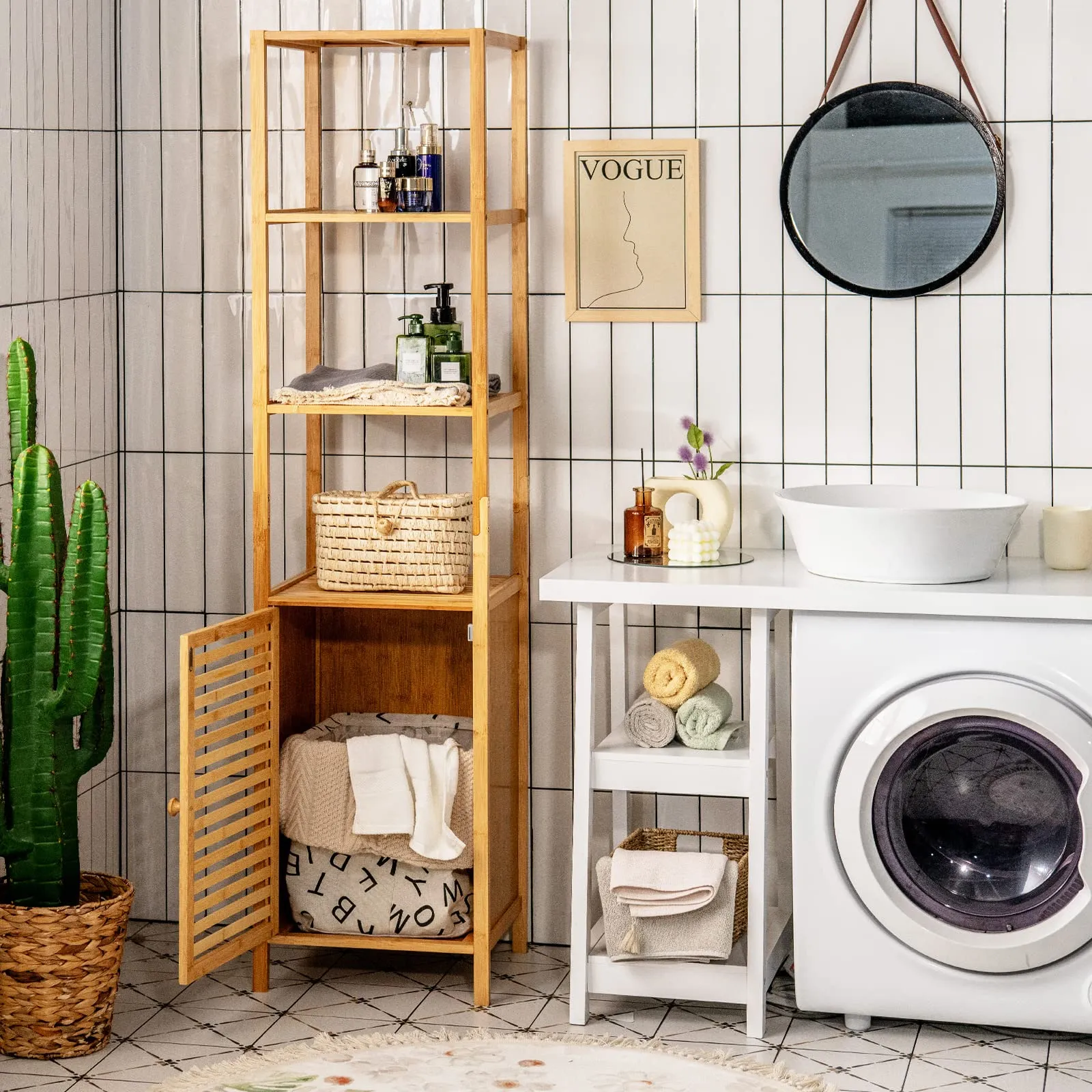 Tangkula Bathroom Cabinet, 65 Inch Tall Slim Bathroom Storage Cabinet with Shutter Door and 3 Open Shelves