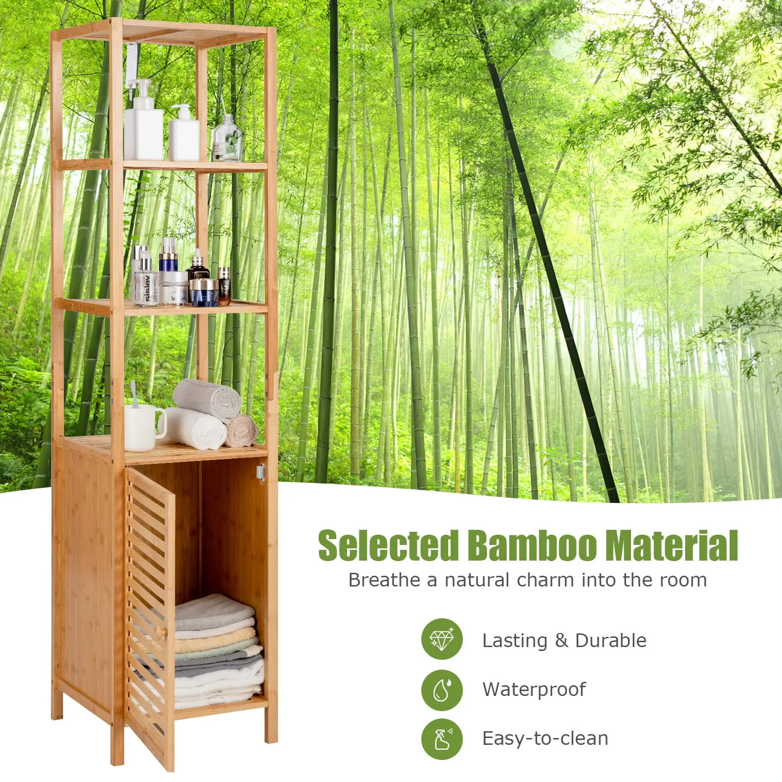 Tangkula Bathroom Cabinet, 65 Inch Tall Slim Bathroom Storage Cabinet with Shutter Door and 3 Open Shelves
