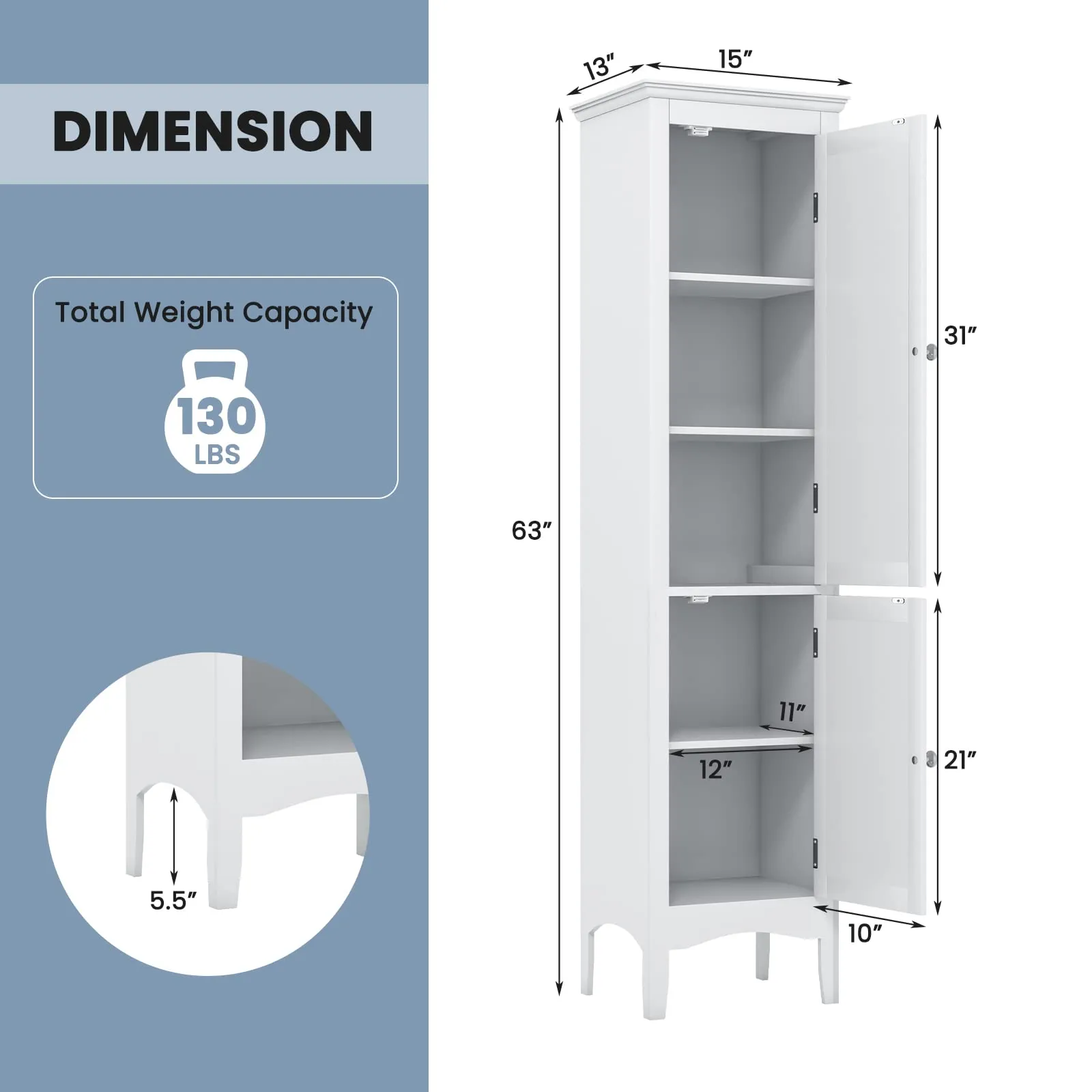 Tangkula Bathroom Storage Cabinet, 63 Inch Tall Narrow Storage Cabinet with 1 Adjustable Shelf and 2 Doors