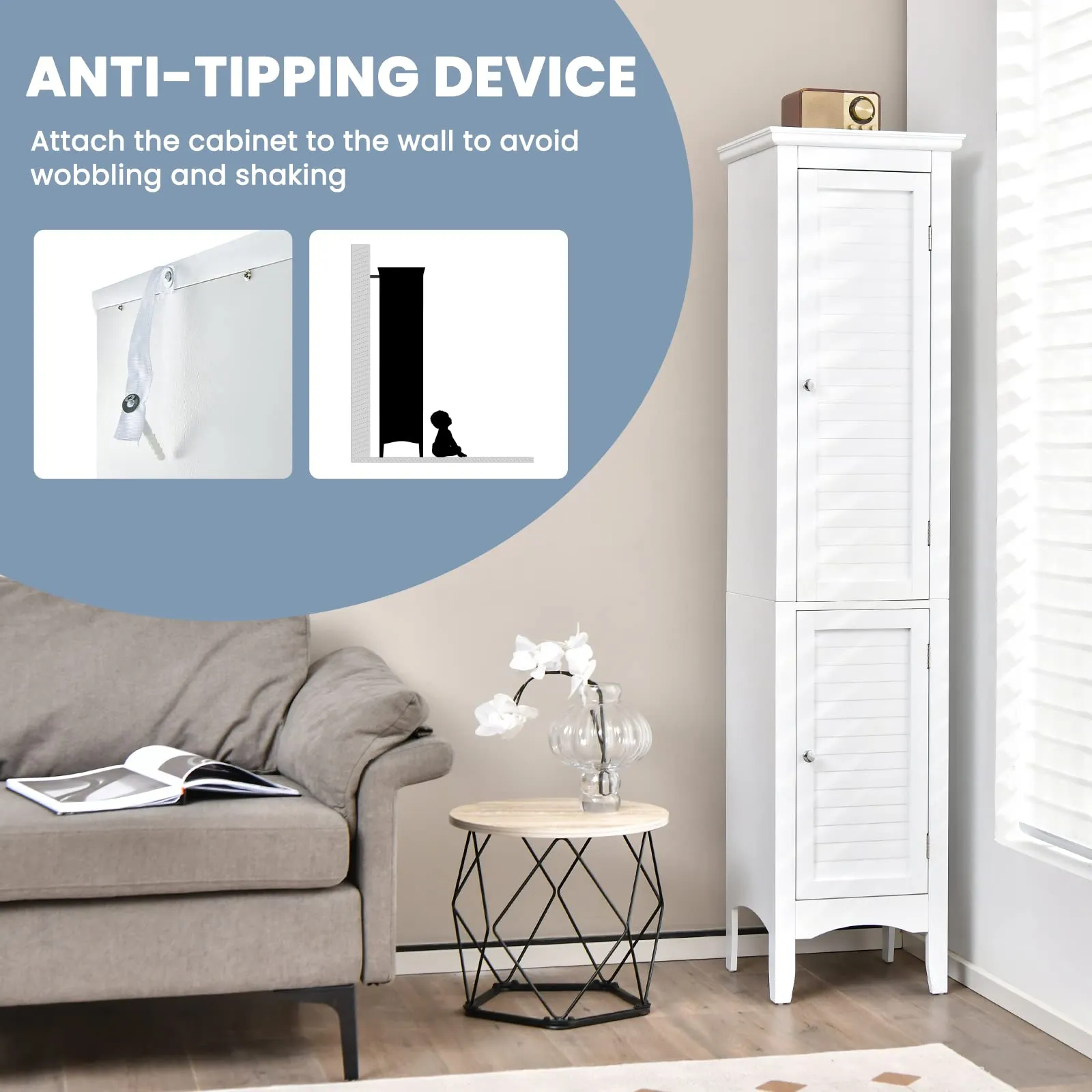 Tangkula Bathroom Storage Cabinet, 63 Inch Tall Narrow Storage Cabinet with 1 Adjustable Shelf and 2 Doors