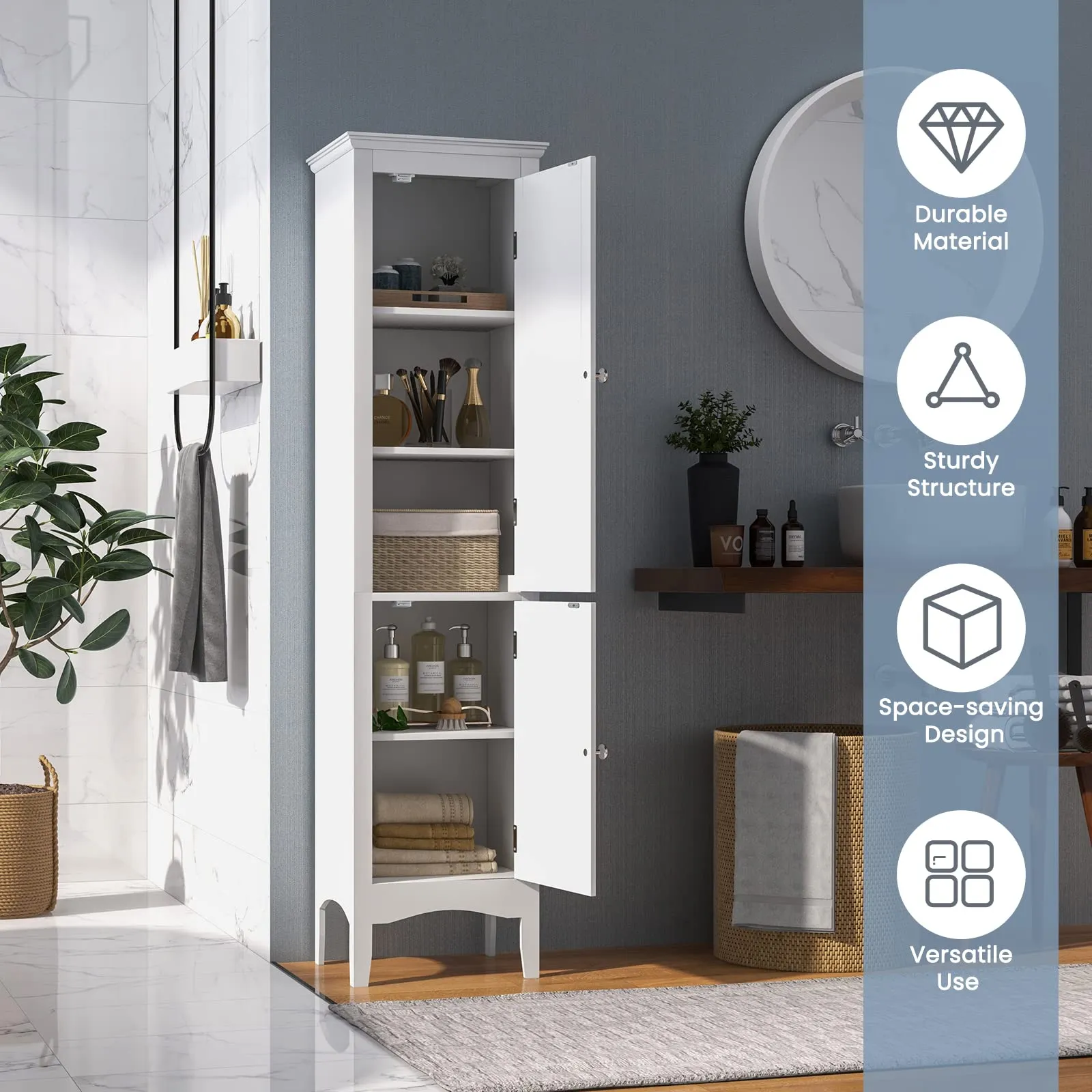 Tangkula Bathroom Storage Cabinet, 63 Inch Tall Narrow Storage Cabinet with 1 Adjustable Shelf and 2 Doors