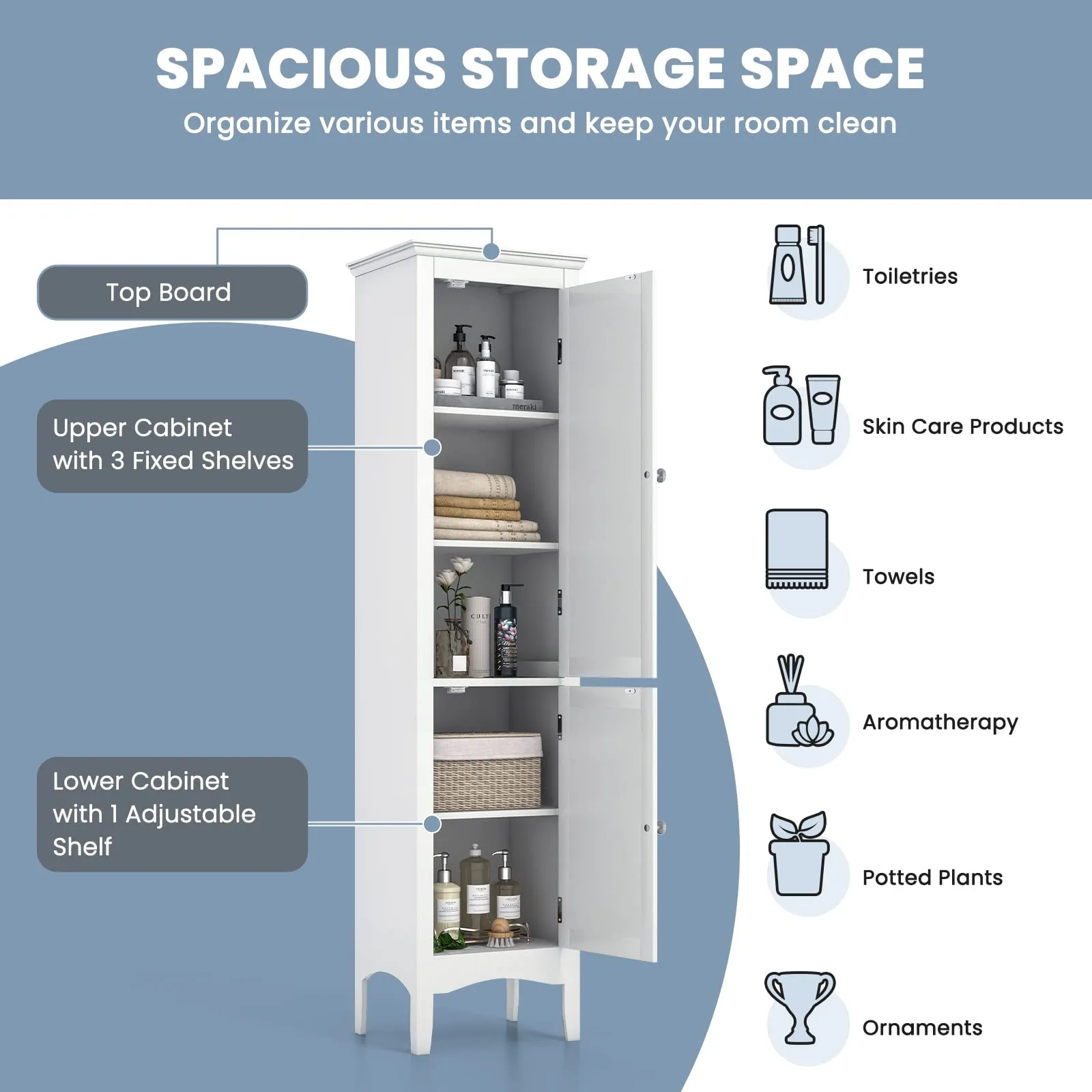 Tangkula Bathroom Storage Cabinet, 63 Inch Tall Narrow Storage Cabinet with 1 Adjustable Shelf and 2 Doors