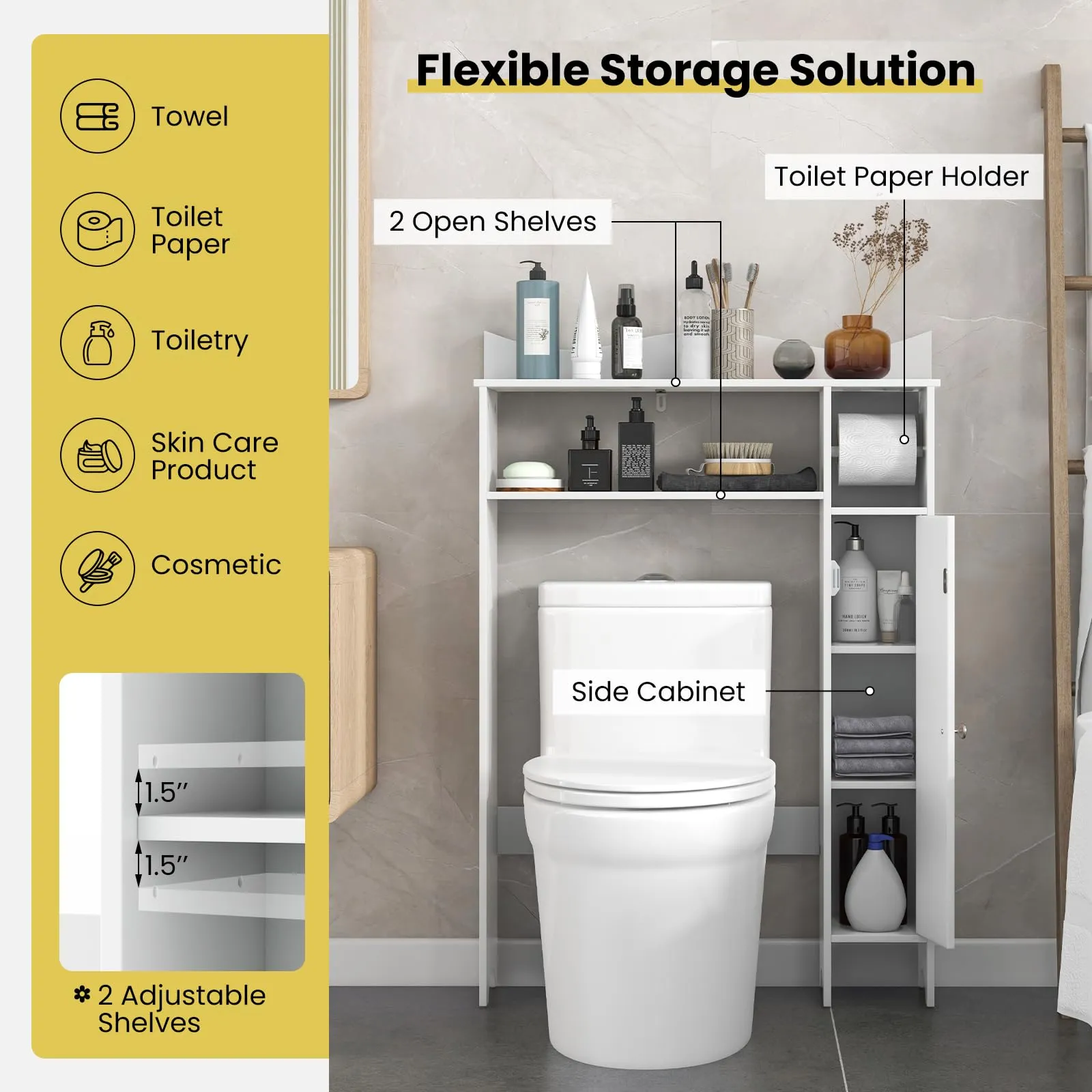 Tangkula Over The Toilet Storage Cabinet, Bathroom Space Saver w/Adjustable Shelves & Paper Holder