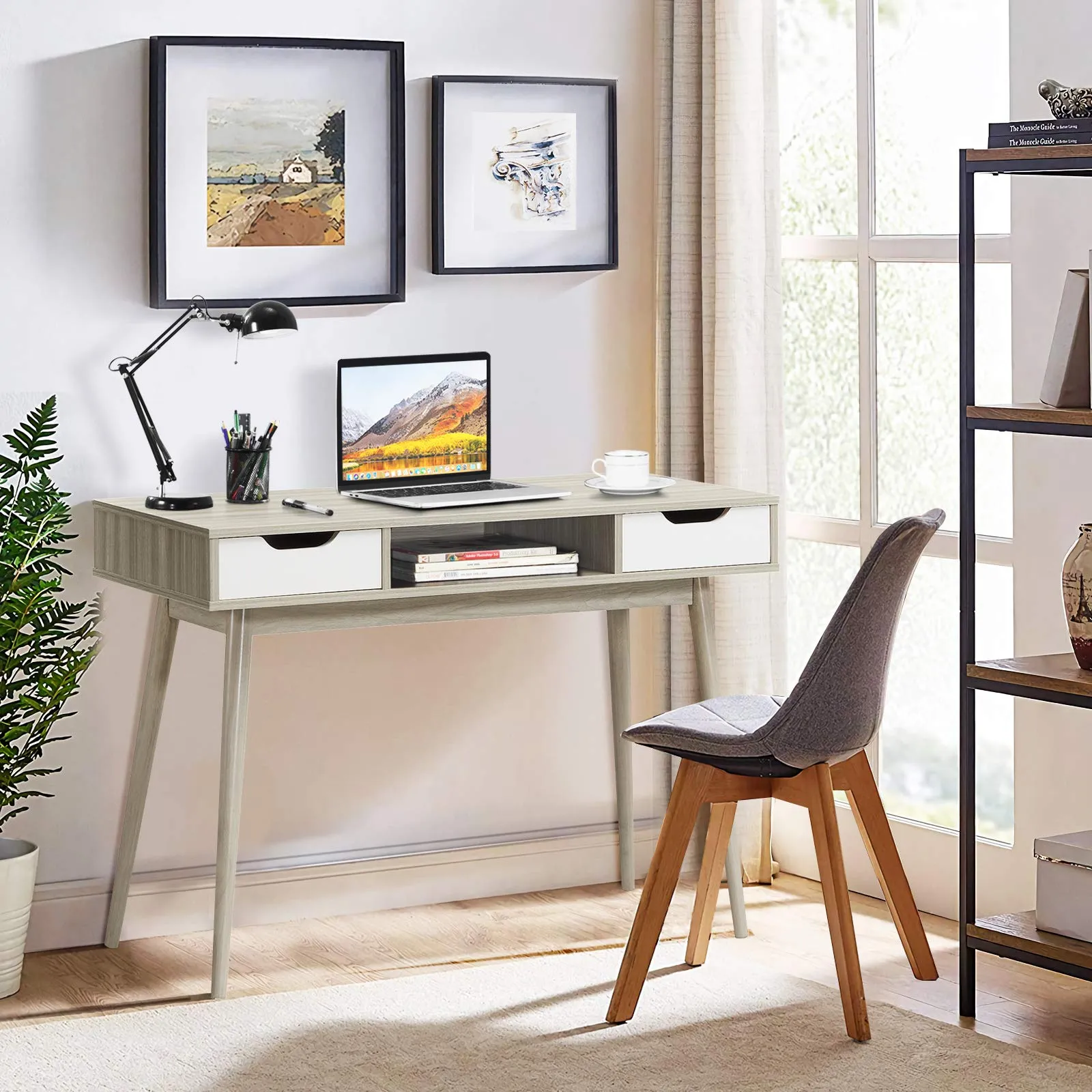Tangkula Writing Desk with Drawers, Mid Century Home Office Desk Computer Desk (Oak & Walnut)