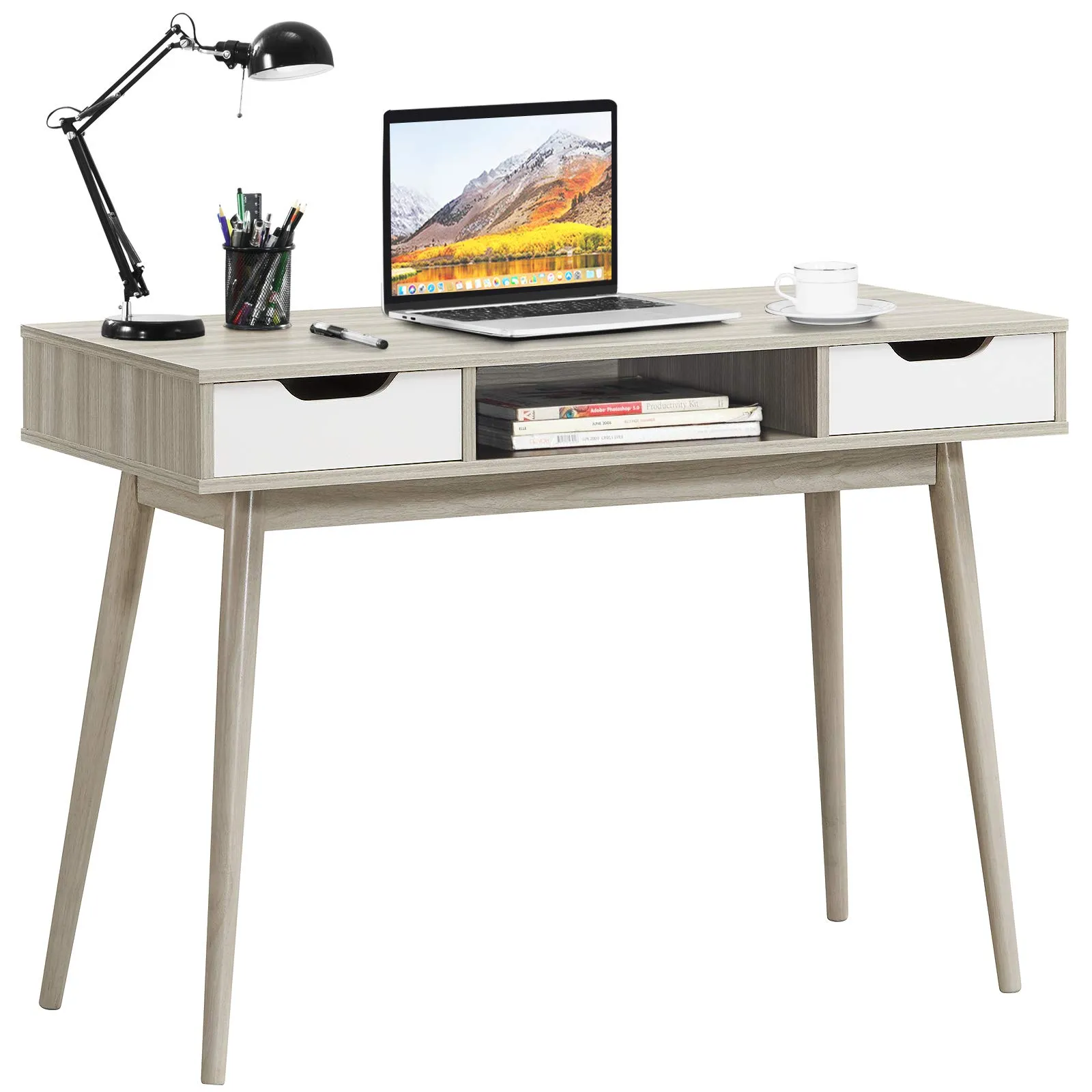 Tangkula Writing Desk with Drawers, Mid Century Home Office Desk Computer Desk (Oak & Walnut)