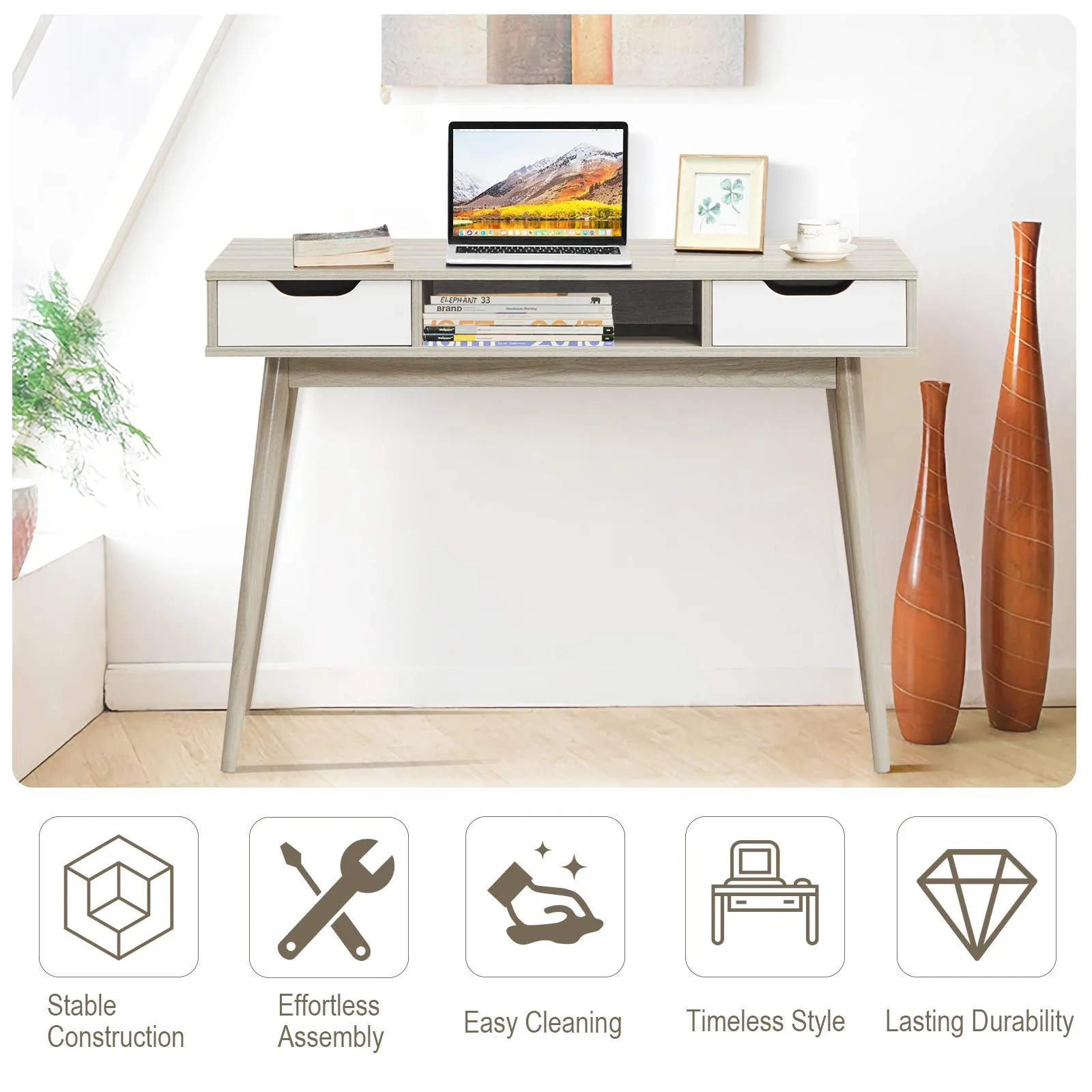 Tangkula Writing Desk with Drawers, Mid Century Home Office Desk Computer Desk (Oak & Walnut)
