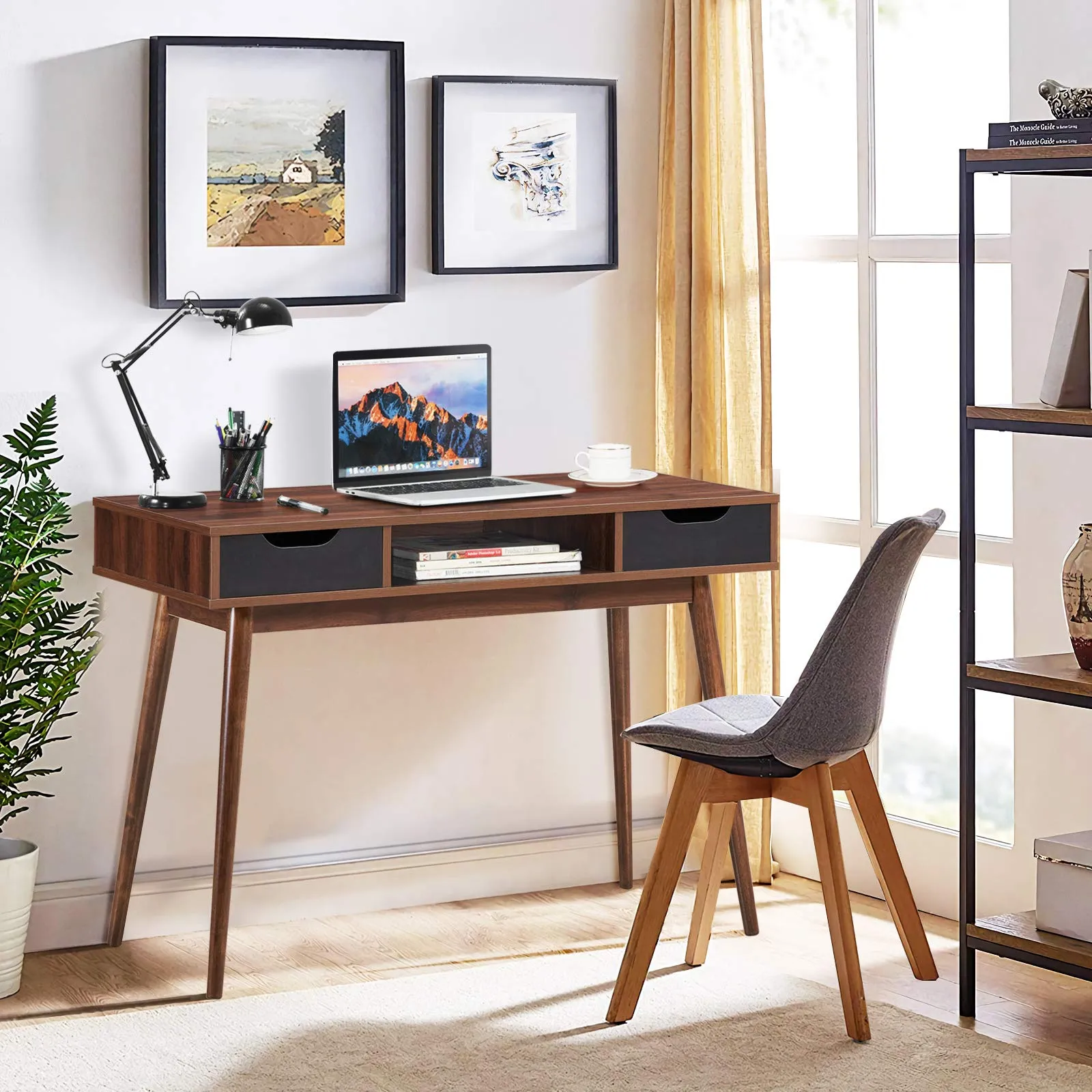 Tangkula Writing Desk with Drawers, Mid Century Home Office Desk Computer Desk (Oak & Walnut)