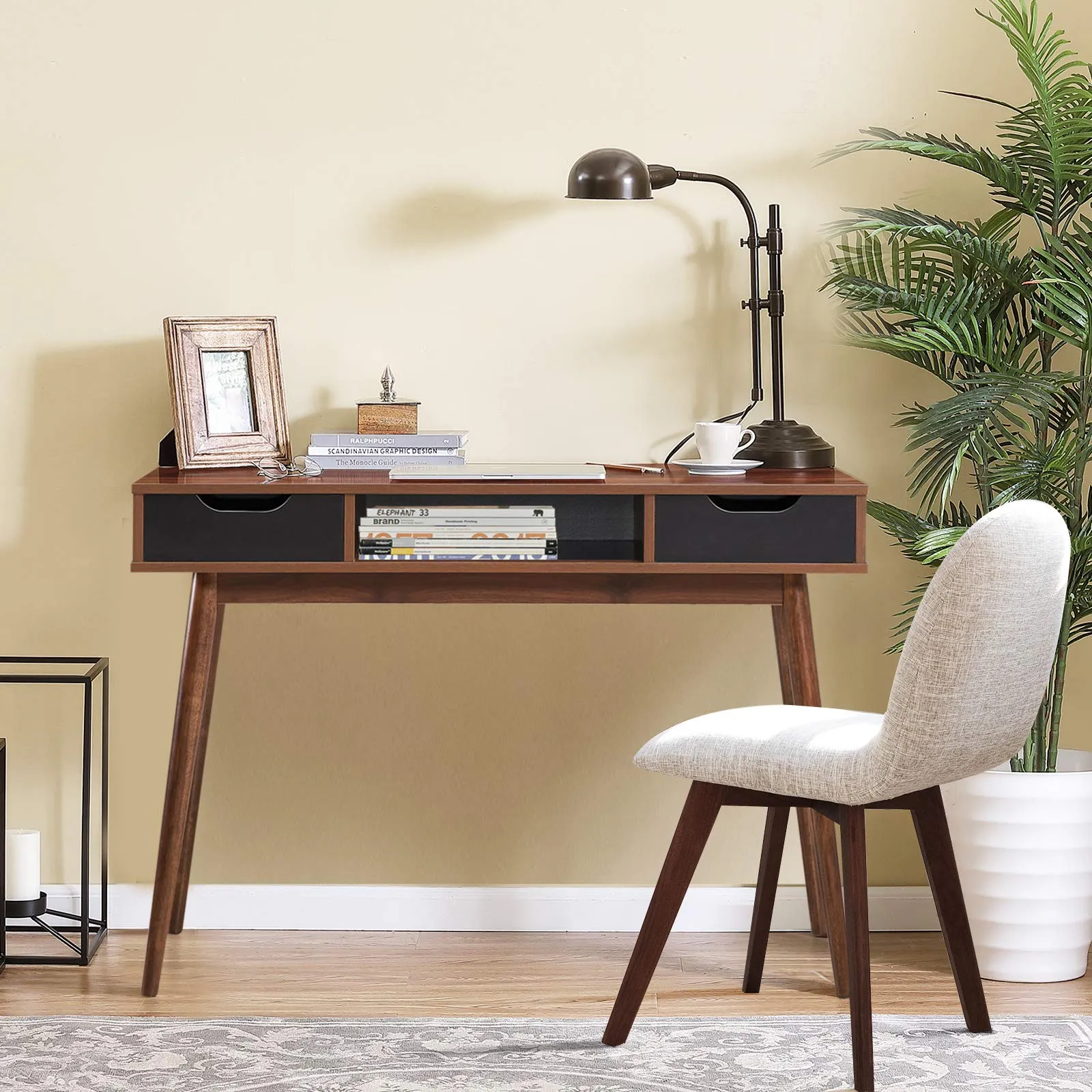 Tangkula Writing Desk with Drawers, Mid Century Home Office Desk Computer Desk (Oak & Walnut)