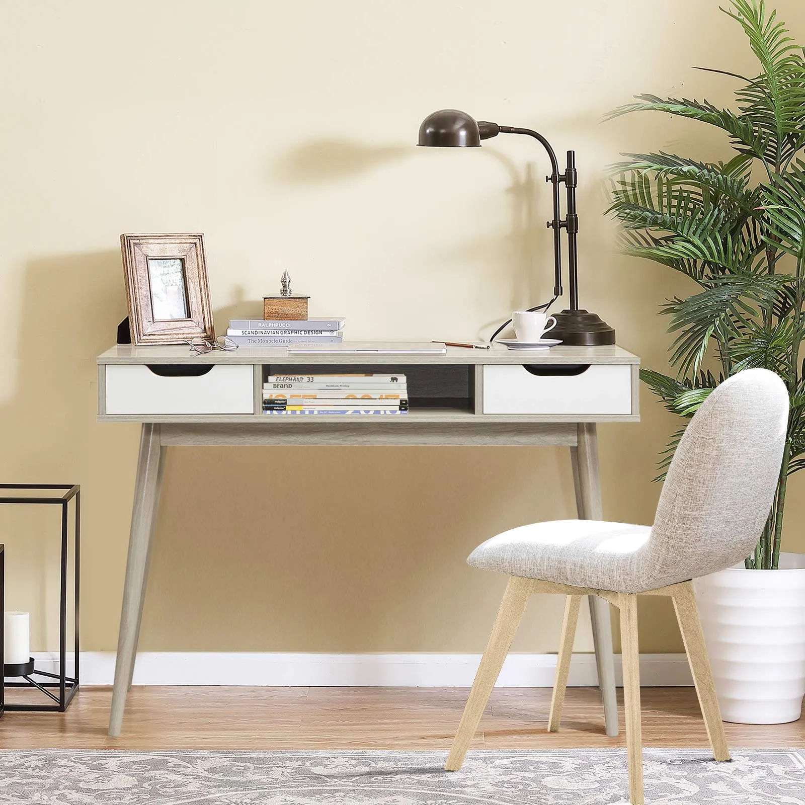 Tangkula Writing Desk with Drawers, Mid Century Home Office Desk Computer Desk (Oak & Walnut)
