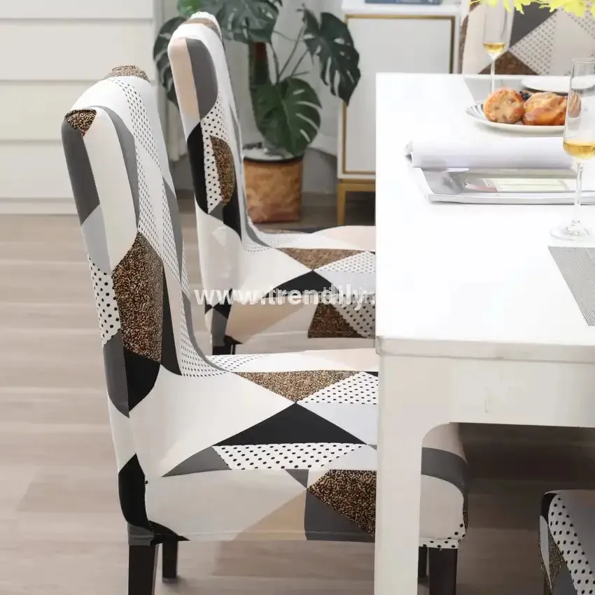 Trendily Premium Wrinkle-Free Stretchable |  Elastic Stretch | Chair Covers, Geometric Brown (CC-038)