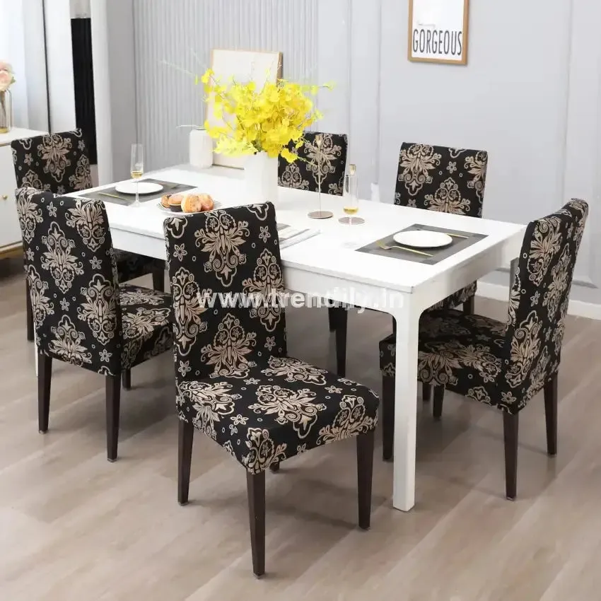 Trendily Premium Wrinkle-Free Stretchable | Washable Printed Chair Covers -Black new damask (CC-017)
