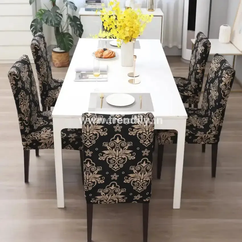 Trendily Premium Wrinkle-Free Stretchable | Washable Printed Chair Covers -Black new damask (CC-017)