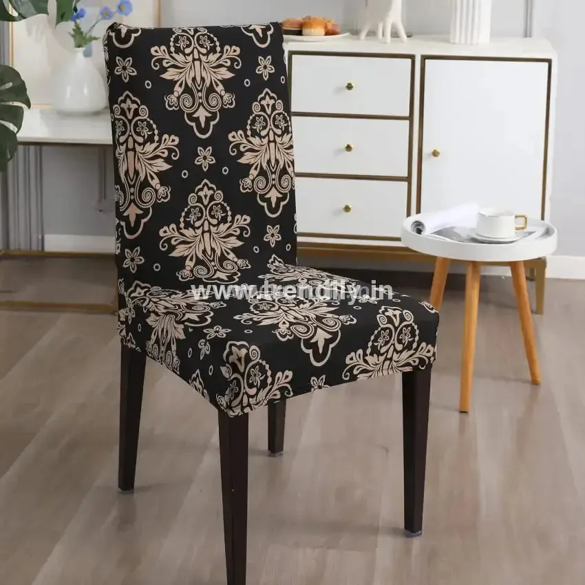 Trendily Premium Wrinkle-Free Stretchable | Washable Printed Chair Covers -Black new damask (CC-017)