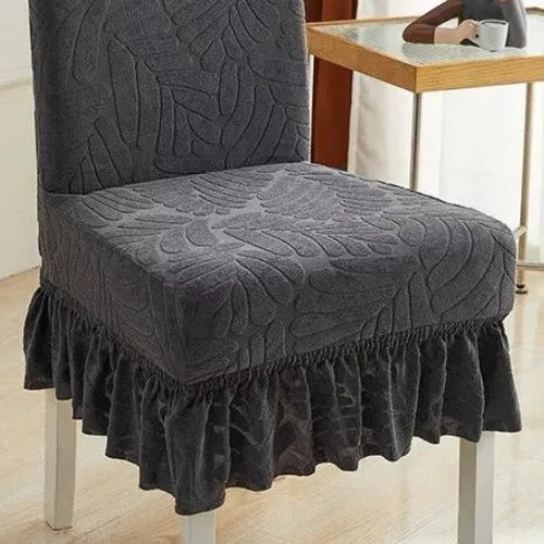 Trendily Premium Wrinkle-Free Stretchable With Elastic Bottom Emboss Frill Leaf Chair Covers | Grey| (CC-179)