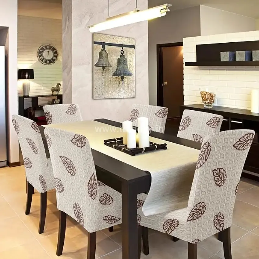 Trendily Premium Wrinkle-Free Stretchable|Waterproof Matching Dining Table & Chair Combo Brown leaf, (CC-070)