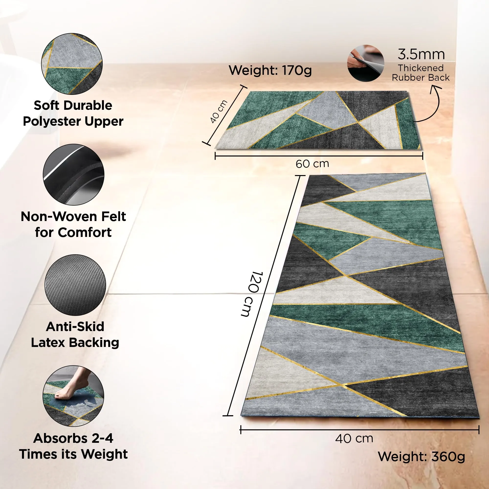 UMAI Polyester Non-Woven Felt Bathroom Mat (2Pcs - 120 * 40cm & 60 * 40cm) Bath Mat | Anti Skid Mat for Bathroom Floor | Bathroom Accessories | Bathroom Mats Water Soak | Floor Mat