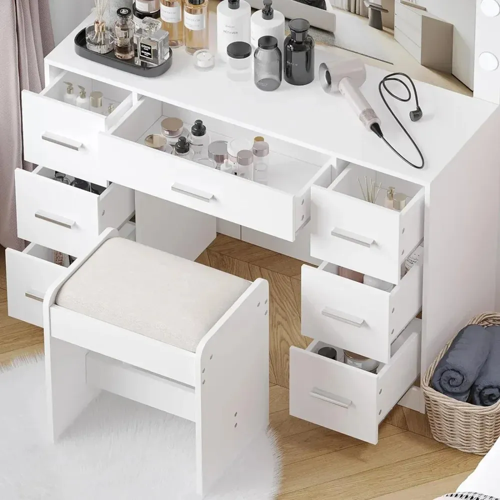 Vanity Desk with Stool Makeup Vanity Table Set 3 Color Lighting Modes Brightness Adjustable Dressers for Bedroom Furniture Girls