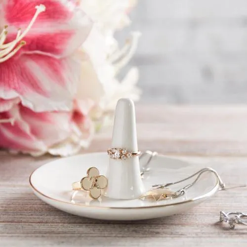 White Ceramic Jewelry Dish with Gold Trim