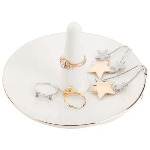 White Ceramic Jewelry Dish with Gold Trim