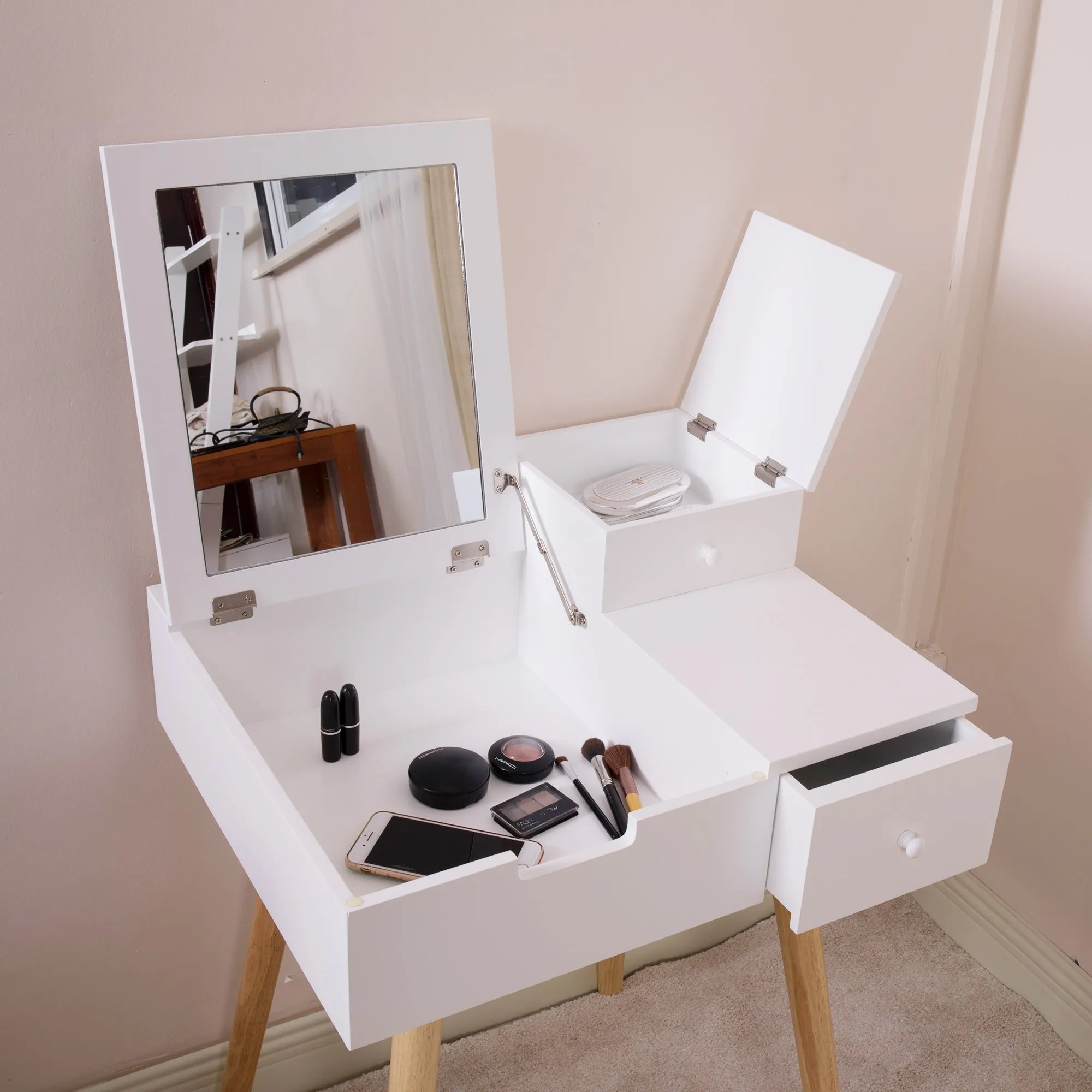 White Vanity  Makeup Dressing Table 3 Drawer Mirror Wood Desk