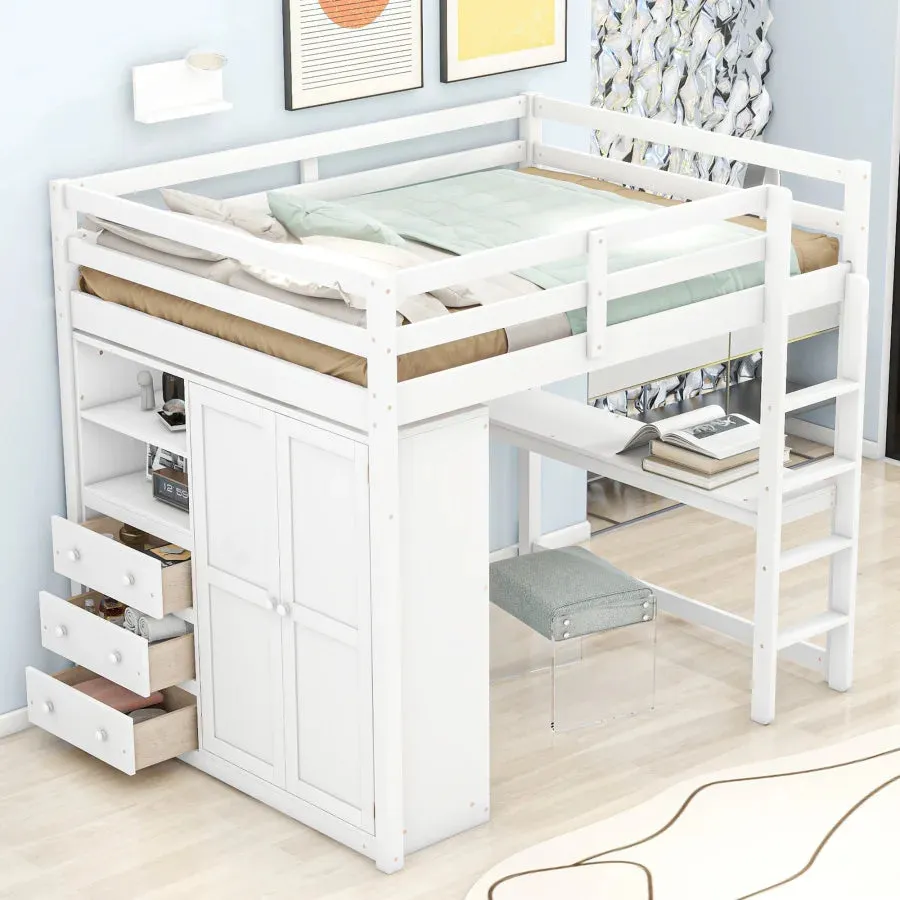 Wood Full Size Loft Bed with Built-in Wardrobe, Desk, Storage Shelves and Drawers - White, Modern Minimalist Design