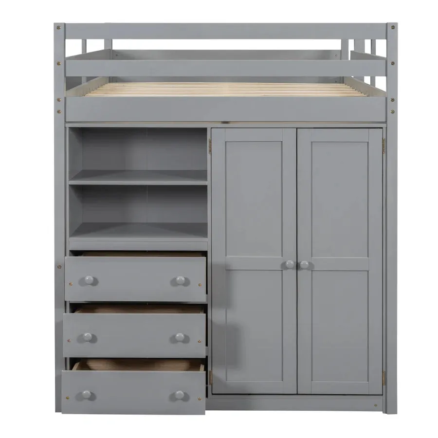 Wood Full Size Loft Bed with Built-in Wardrobe, Desk, Storage Shelves and Drawers - White, Modern Minimalist Design